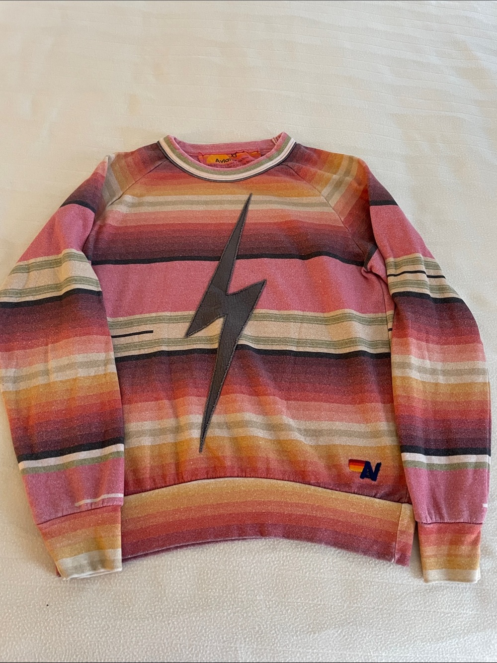 Aviator Nation Pink Orange Striped Lightning Bolt Crewneck